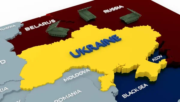 Stylich 3D Kaart van Oekraïne omringd door tanks en buurlanden — Stockfoto