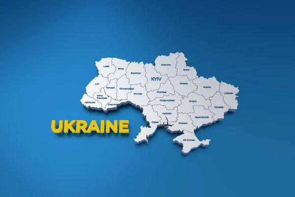 Snygg 3D-karta över Ukraina med regioner och regionala städer på blå bakgrund — Stockfoto