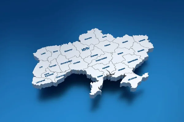 Snygg 3D-karta över Ukraina med regioner och regionala städer på blå bakgrund — Stockfoto