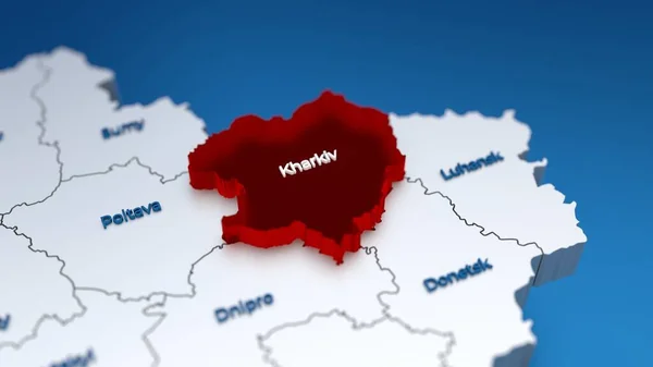 Snygg 3D-karta över Ukraina med Kharkiv regionen i fokus markerad i rött — Stockfoto