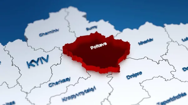 Snygg 3D-karta över Ukraina med Poltava-regionen i fokus markerad i rött — Stockfoto