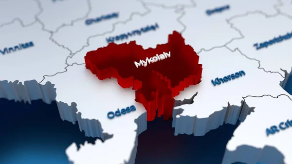 Snygg 3D-karta över Ukraina med Mykolaiv regionen i fokus markerad i rött — Stockfoto