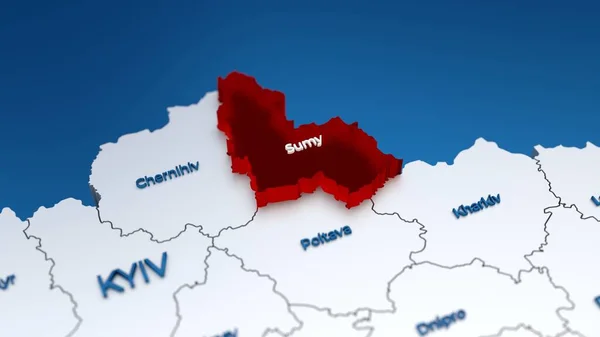 Snygg 3D-karta över Ukraina med Sumy region i fokus markerad i rött — Stockfoto