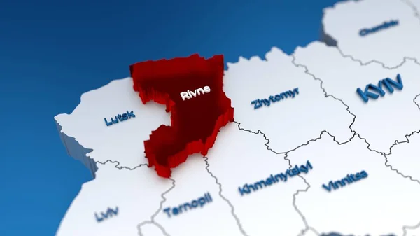 Snygg 3D-karta över Ukraina med Rivne-regionen i fokus markerad i rött — Stockfoto