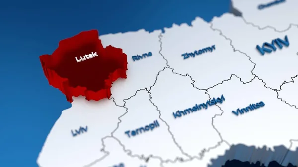 Snygg 3D-karta över Ukraina med Lutsk-regionen i fokus markerad i rött — Stockfoto