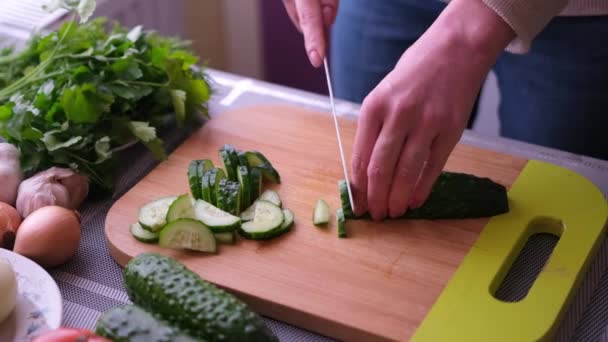 Großaufnahme einer Frau, die Gurken auf einem Holzschneidebrett schneidet - Zutat für Mahlzeit zubereitet — Stockvideo