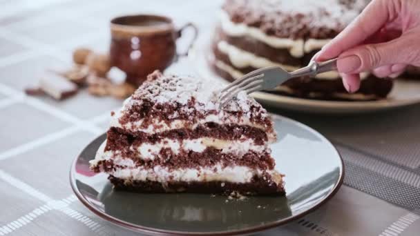 Mulher com fome cortar fatia de bolo de chocolate caseiro — Vídeo de Stock