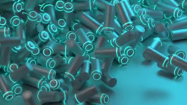 Lithium Battery concept - een groot aantal opgeladen batterijen vallen op de achtergrond - 3D render — Stockvideo