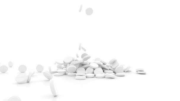3D Animering av piller faller ner och landar på vit bakgrund — Stockvideo