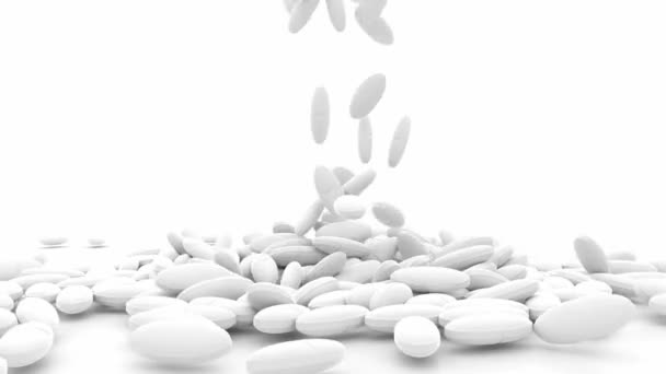 3D Animation of pills falling down and landing on white background — ストック動画