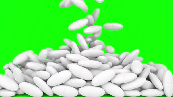 Vita piller tabletter medicin faller över grön skärm - 3D-animation — Stockvideo