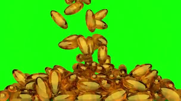Falling Omega 3 fish oil liquid gel capsules over green screen - 3D animation — стоковое видео