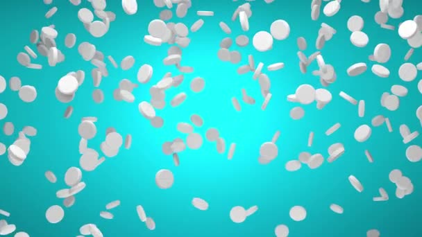 White pills tablets medication falling over blue background - 3D animation — Stock video
