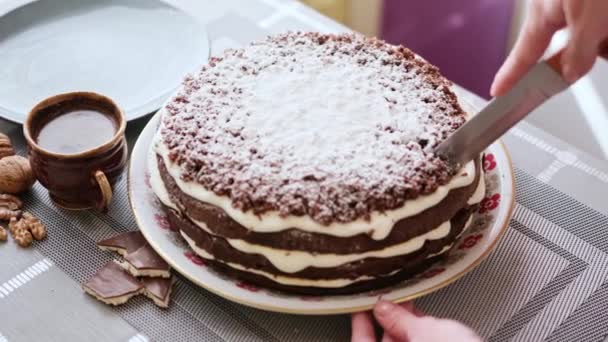 女人切一片美味的自制巧克力蛋糕 — 图库视频影像