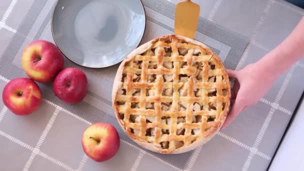 Apple pice cake preparation series - woman taking slicie of a traditional pie - top view — Stock video