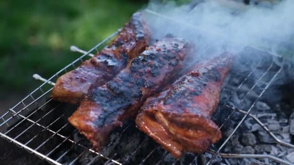 Delicious beef or pork ribs frying on a charcoal grill — Stock video