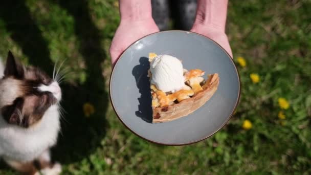 Vrouw met stuk plak traditionele appeltaart buiten — Stockvideo