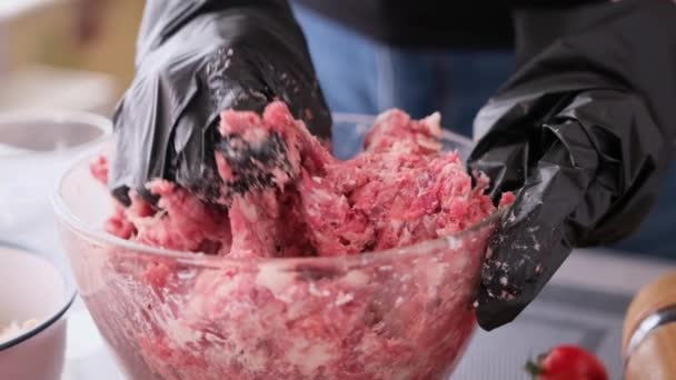 Ζυμώνοντας κιμά με κρεμμύδι και μπαχαρικά σε γυάλινο μπολ — Αρχείο Βίντεο