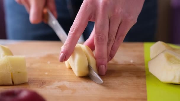 Série de preparação de torta de maçã - Cortando maçãs para bolo de maçã caseiro tradicional — Vídeo de Stock