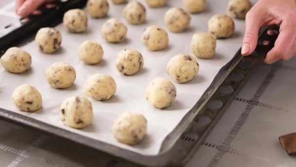 Galletas de chocolate suave caseras crudas en una bandeja para hornear — Vídeos de Stock