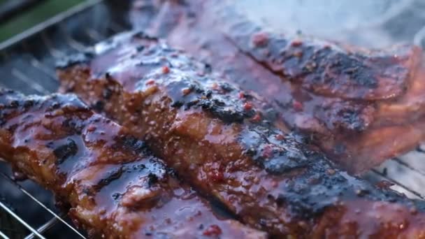 Délicieuses côtes de bœuf ou de porc frites sur un gril au charbon de bois — Video