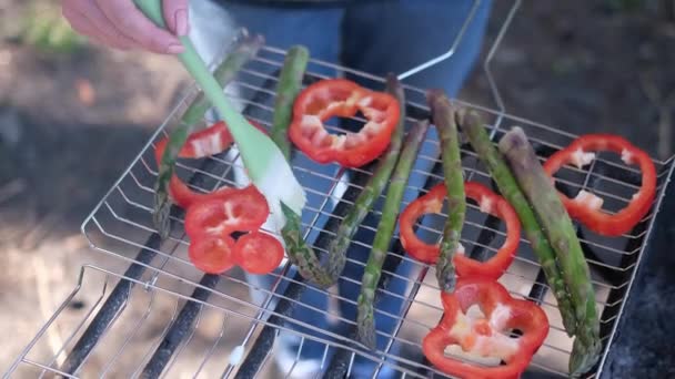 Fazer óleo de escovar legumes grelhados em espargos e pimenta vermelha em uma grelha a carvão vegetal — Vídeo de Stock