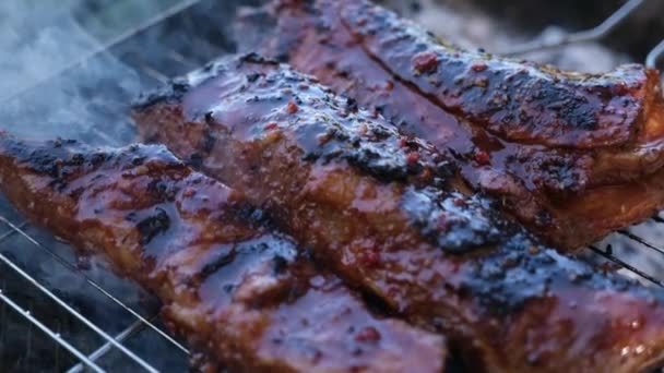 Delicious beef or pork ribs frying on a charcoal grill — Vídeo de Stock