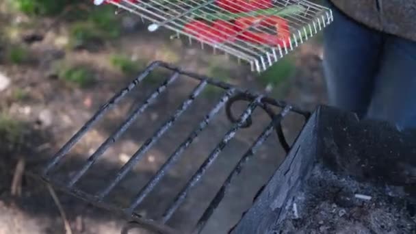 Fazendo legumes grelhados - Espargos e pimenta vermelha em uma grelha de carvão — Vídeo de Stock