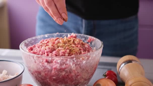 Só és fűszerek hozzáadása a darált húshoz hagymával és fűszerekkel egy üvegtálban, szeletelés — Stock videók