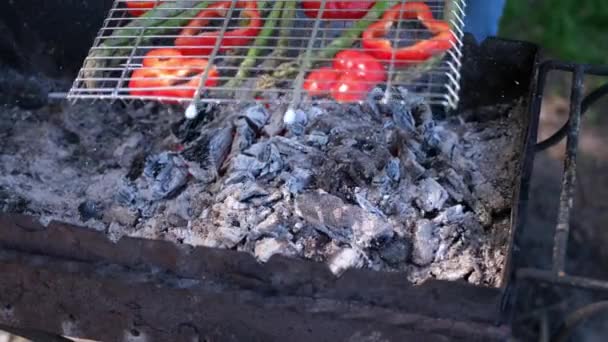 Robienie grillowanych warzyw - szparagi i czerwona papryka na grillu węglowym — Wideo stockowe