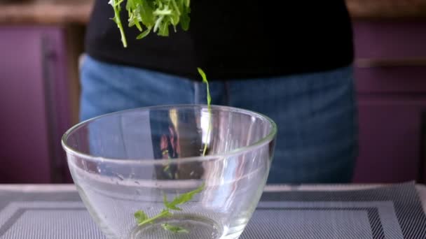 Estilo de vida saudável - Mulher derramando arugula em tigela de vidro — Vídeo de Stock