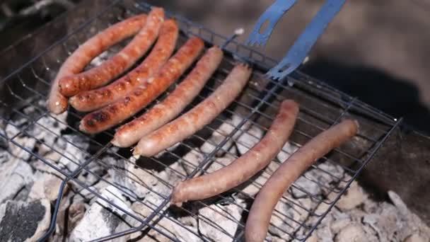 Крупним планом вид смачної ковбаски на грилі з деревного вугілля — стокове відео
