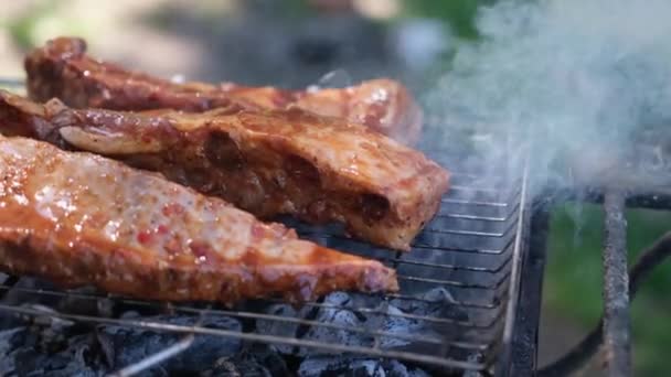 Deliciosa carne de res o costillas de cerdo freír en una parrilla de carbón — Vídeos de Stock