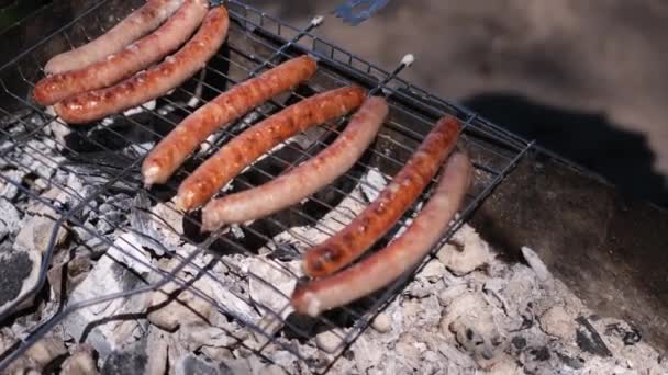 Крупним планом вид смачної ковбаски на грилі з деревного вугілля — стокове відео