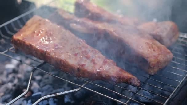 Deliciosa carne de res o costillas de cerdo freír en una parrilla de carbón — Vídeos de Stock