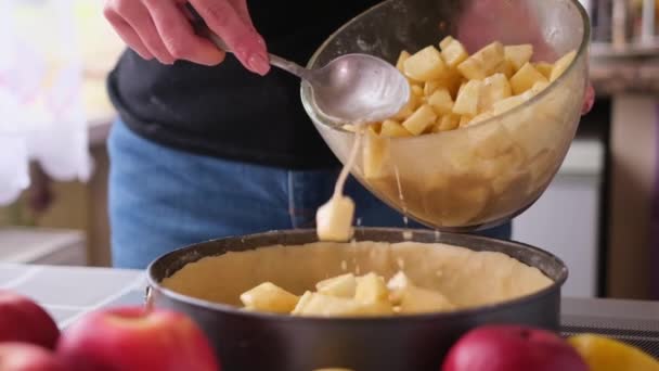 Serie Zur Zubereitung Von Apfelkuchen Frau Gießt Gehackte Äpfel Backform — Stockvideo