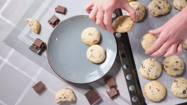 Kvinna Sätter Färska Hemlagad Mjuk Choklad Chip Cookies Från Bakplåt — Stockvideo