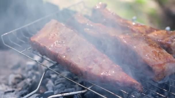 Delicious Beef Pork Ribs Frying Charcoal Grill — Stock Video