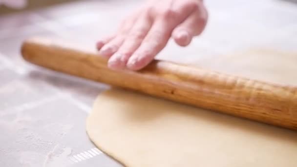 Apple Pie Preparation Series Woman Rolling Out Dough Pin Table — Vídeo de stock