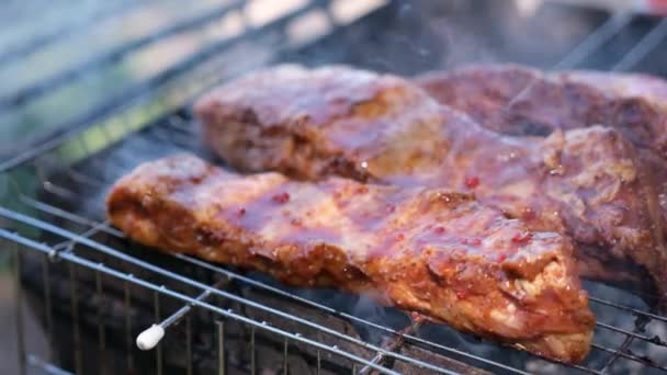 Delicious Beef Pork Ribs Frying Charcoal Grill — Vídeo de stock