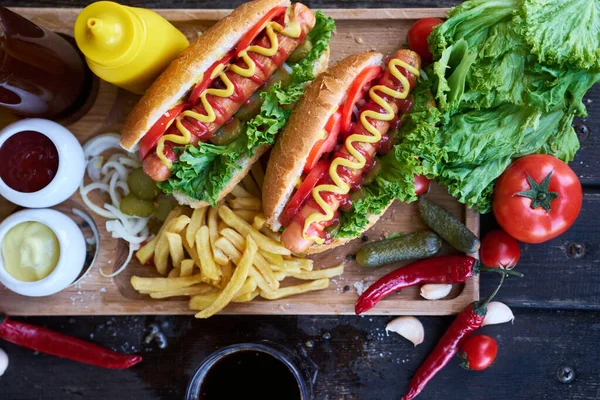 Bbq Hot Dog Served Vegetables French Fries Sauces Wooden Serving — Stock Photo, Image