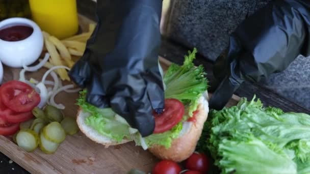 Making Hotdog Woman Adding Sliced Tomatoes Bun — Vídeos de Stock