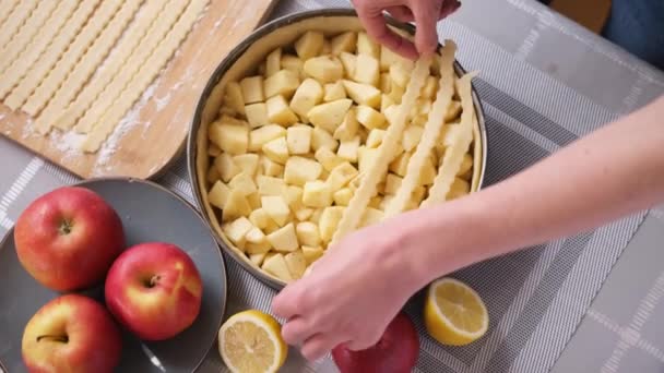 Apple Pie Preparation Series Woman Covering Baking Dish Full Chopped — Stockvideo