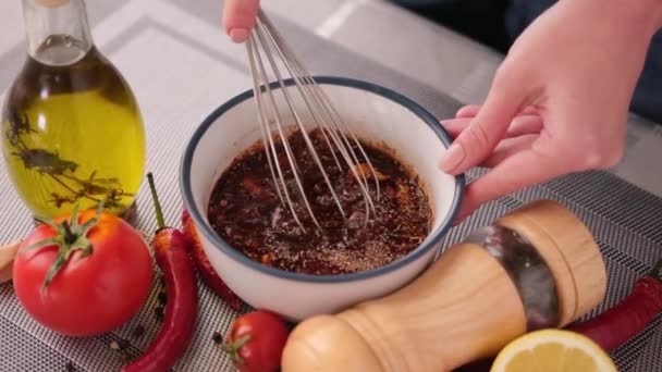 Mixing Homemade Barbecue Sauce Ceramic Bowl Whisk — Stock Video