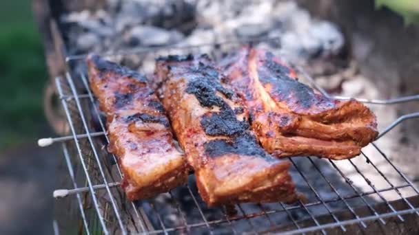 Delicious Beef Pork Ribs Frying Charcoal Grill — стоковое видео