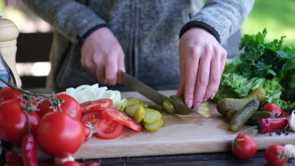 Žena Krájení Okurky Dělat Zeleninový Salát Venku — Stock video