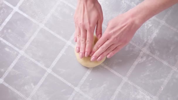 Apple Pie Preparation Series Womens Hands Kneading Dough Table Covered — Vídeo de stock