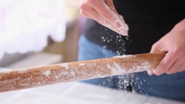 Apple Pie Cake Preparation Series Woman Pours Flour Wooden Rolling — Vídeo de Stock