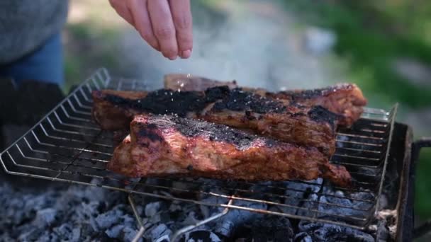 炭火焼で揚げるおいしい牛や豚の肋骨の塩 — ストック動画