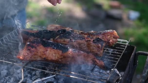 튀기고 맛있는 쇠고기나 돼지고기 — 비디오